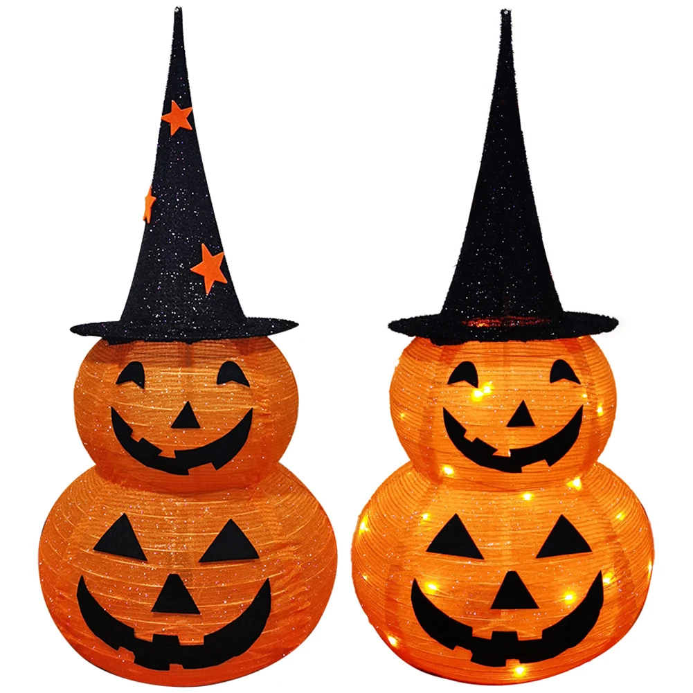 Halloween Opvouwbare Pompoen Met Ster Zwarte Hoge Hoed 3,1 Ft Halloween Pompoen Decoratie Oranje Led Licht Opvouwbare Pompoen