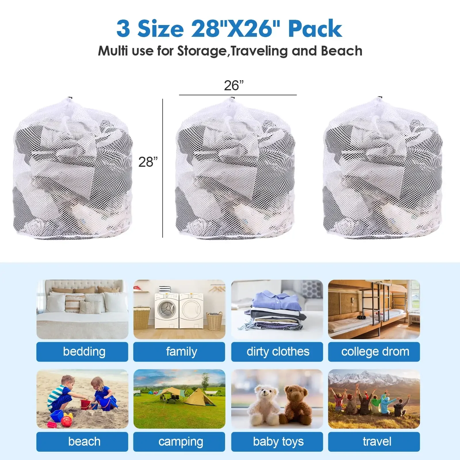 3 Pack XXL Mesh Laundry Bags, Jumbo Washing Machine Wash Bags, 28 X 26 Inches, Ideal for College, Dorm & Apartment Use