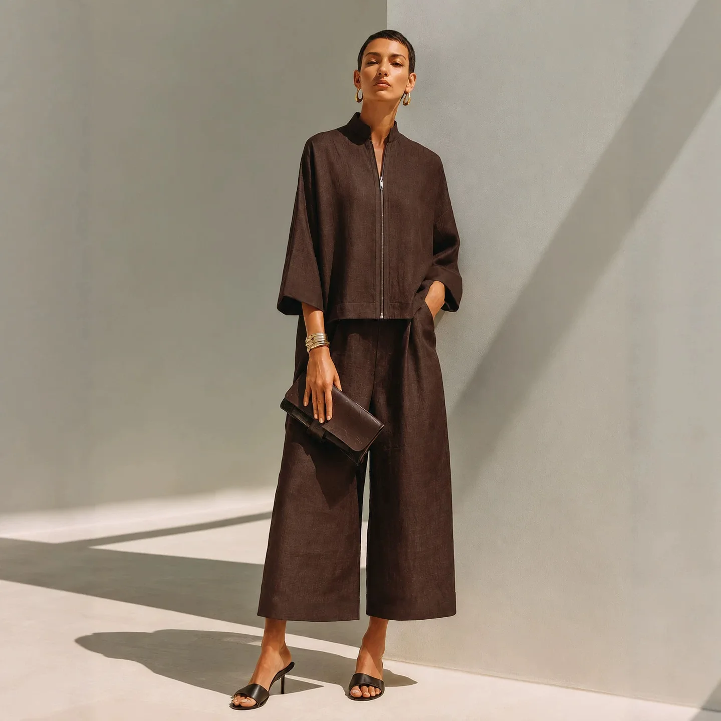 Nuovo Completo Donna Moda Primavera Autunno in Lino Due Pezzi con Colletto Rialzato, Top con Zip a Manica 3/4 e Pantaloni a Gamba Larga, Outfit Casual Tinta Unita Coordinato