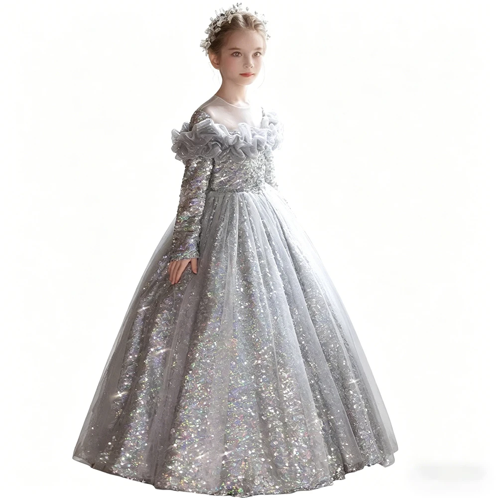 Luxury Shiny Sequined Girls Pageant And Banquet Gown Long Sleeve Girls Formal Evening Party Dress Princess Birthday Dresses