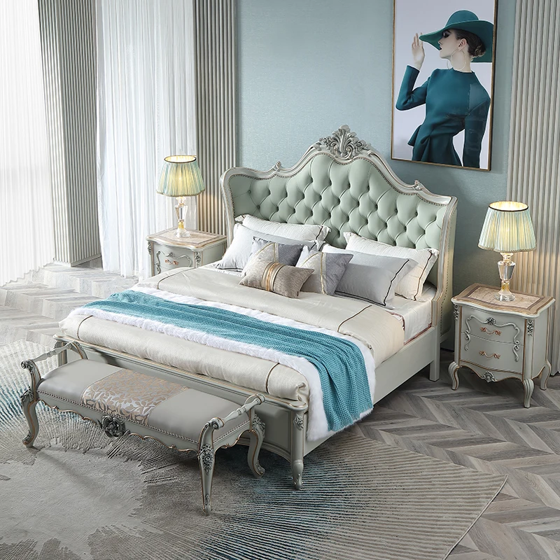 !@European Style Bedroom Furniture Sets Classical Luxury Wooden Up-holstered Luxury Beds