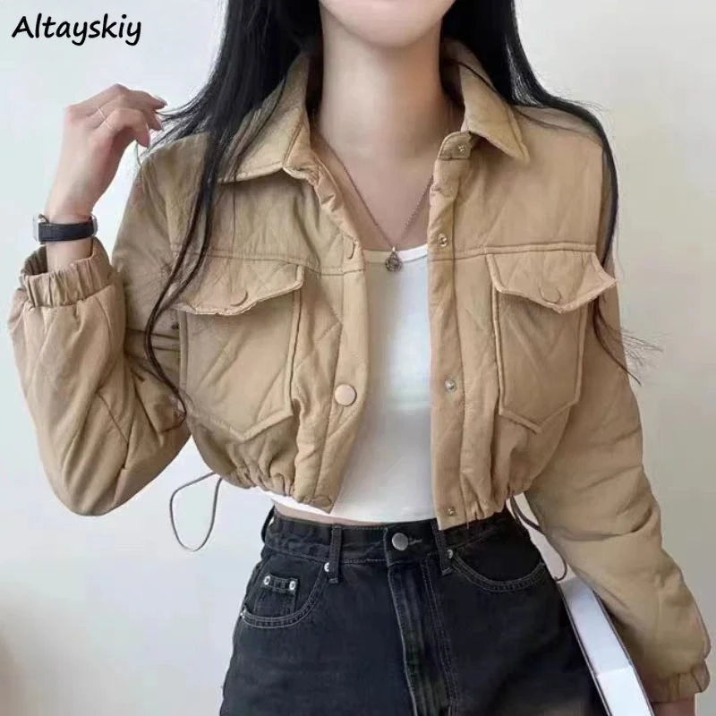 Solid Parkas Women Drawstring Pockets Winter Warm Fashion All-match Leisure Simple Female Designer Youth Chic Students Short Y2k