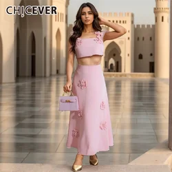 CHICEVER Elegant Two Piece Set For Women Square Collar Sleeveless Crop Top High Waist Skirt Patchwork Appliques Sets Female New