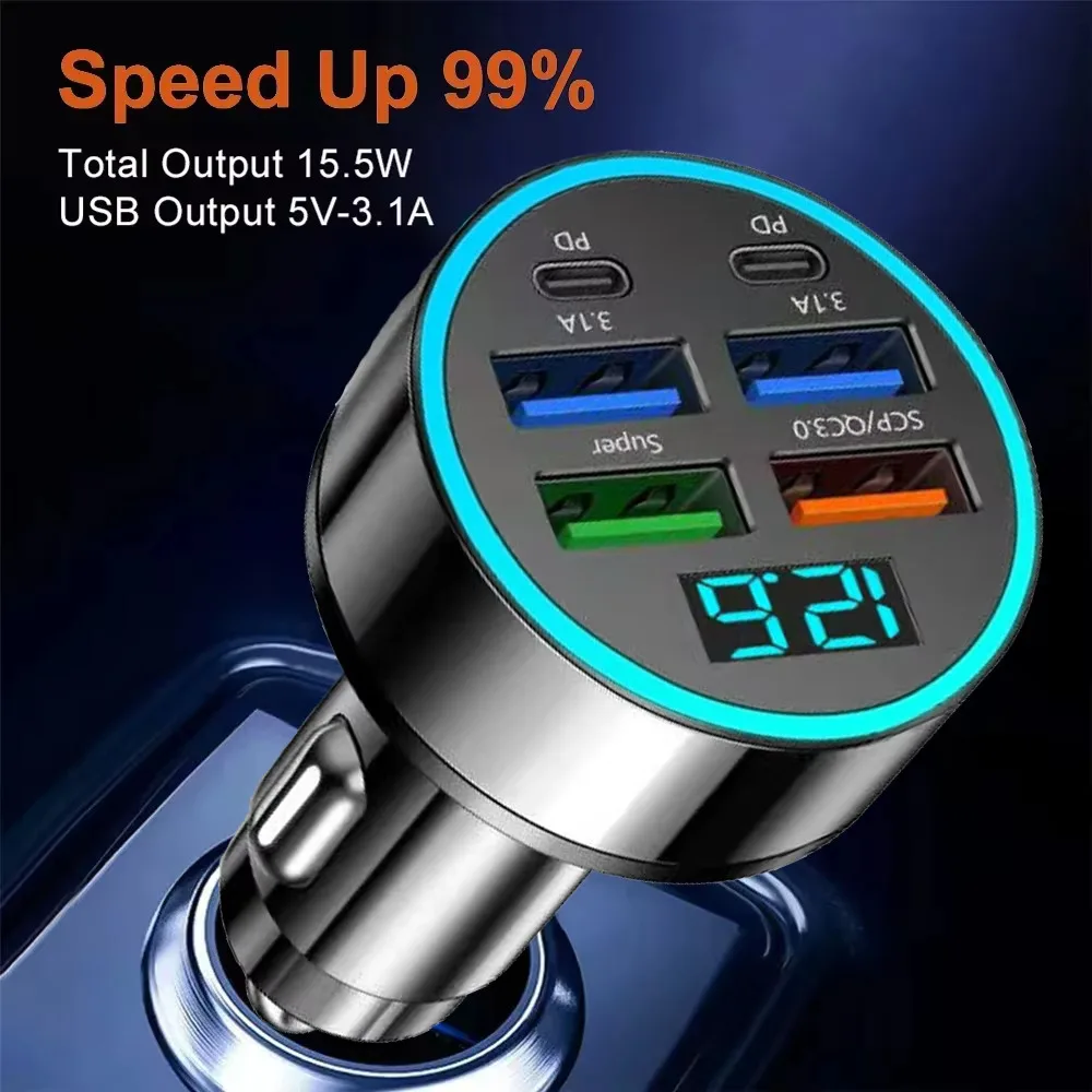 250W Car Charger 4USB QC3.0 PD Type-C Digital Display Car Power Charger 3.1A With Voltage Detection Multi-port Car Power Adapter