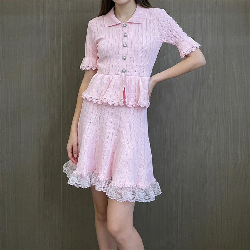 High-Quality Summer New Women's Collared Lace Splice Pleated Short-Sleeve Dress Fashion Casual Holiday A-Line Skirt