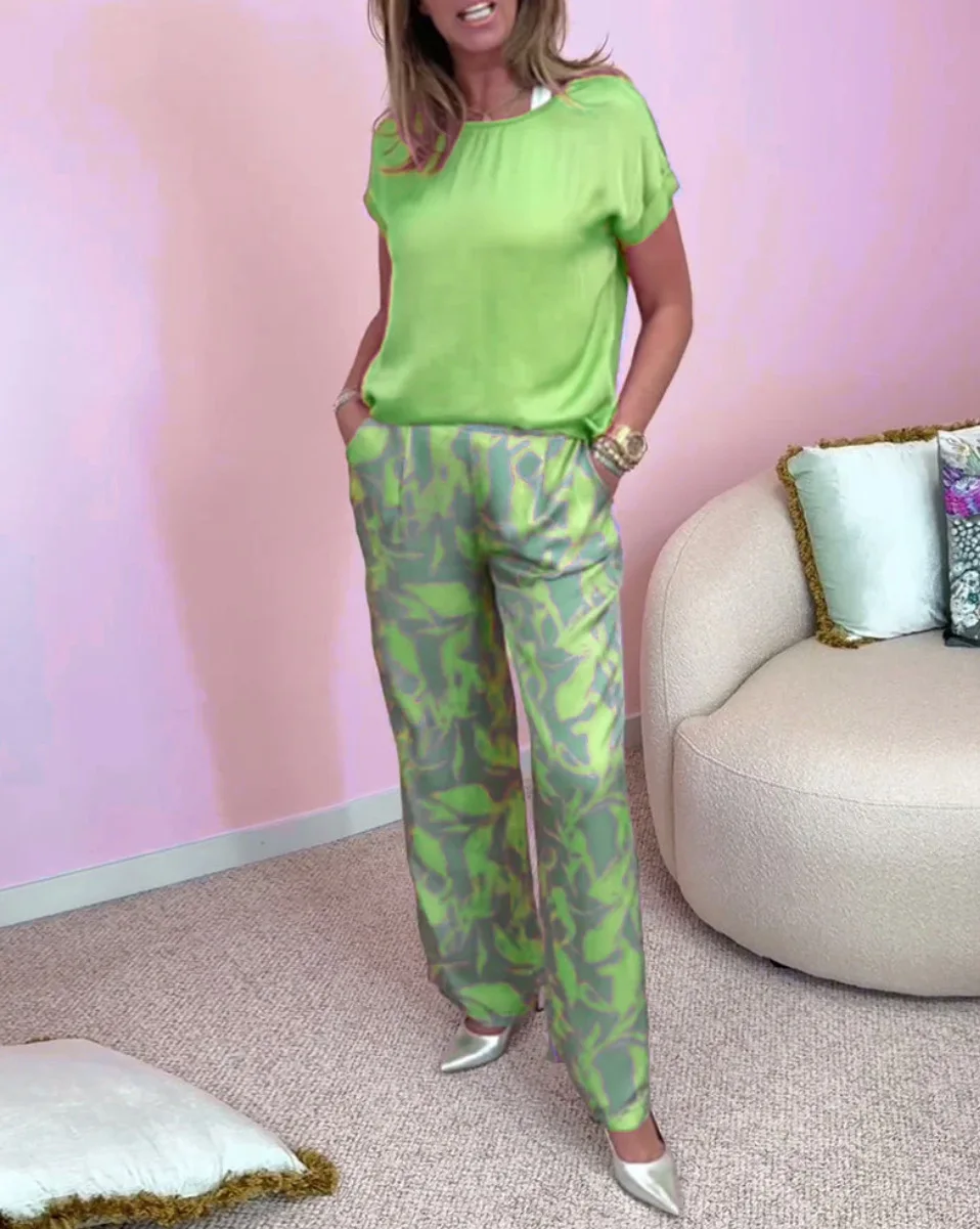 

Women's Boho Print Set Fashion O Neck Short Sleeve Tops Long Pants Two Piece Sets Women Casual Holiday Womens Clothing Summer