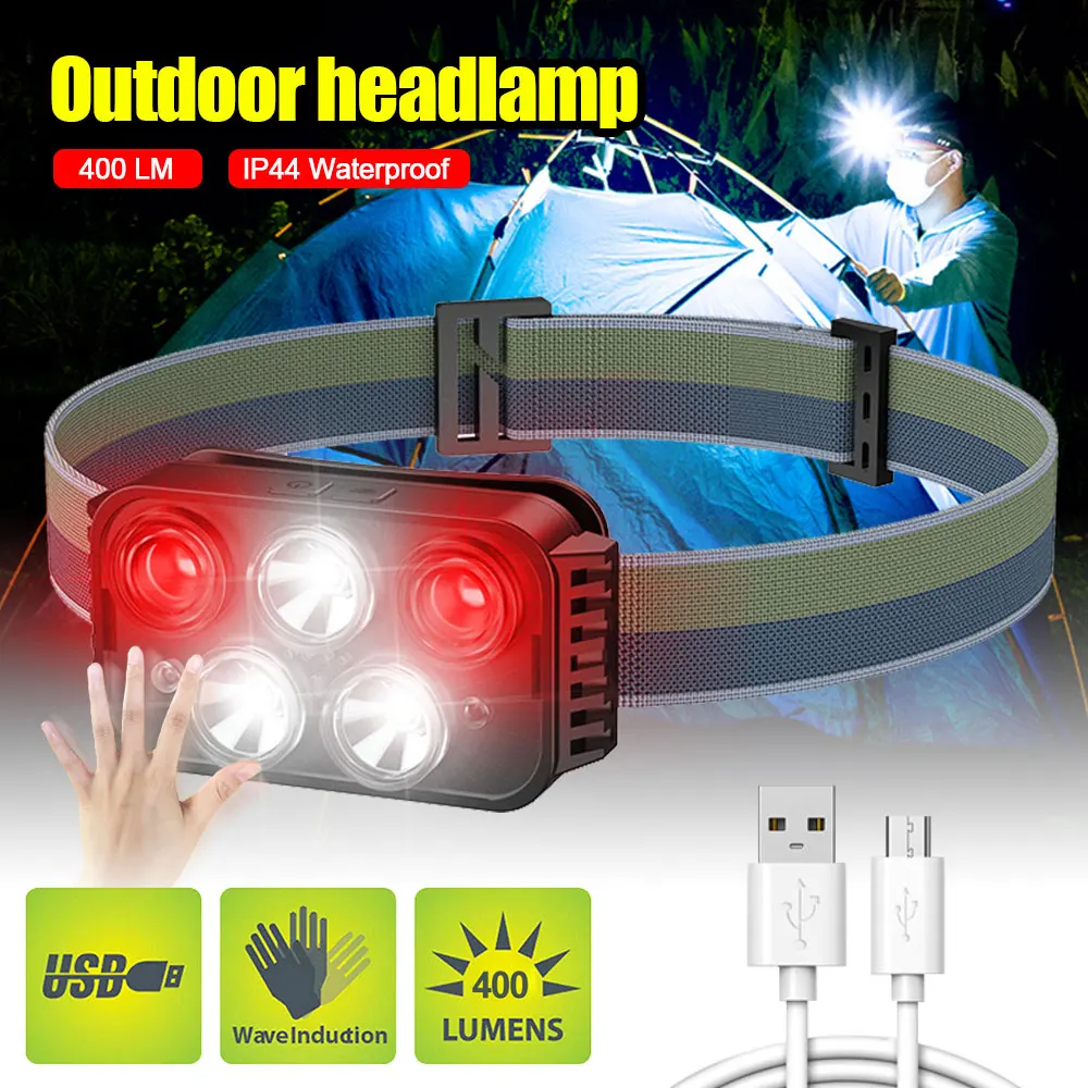 

Waterproof Motion Sensor LED Headlamp 6 Modes USB Rechargeable Head Torch Safety Outdoor Camping Fishing