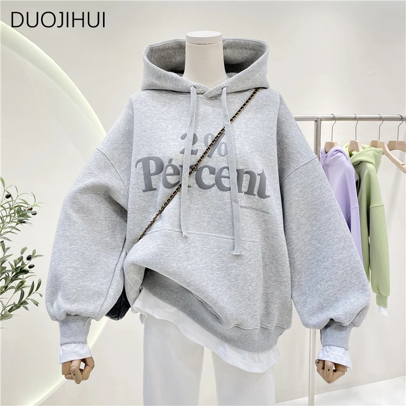 DUOJIHUI New Green Basic Hooded Chicly Drawstring Women Hoodies Spring Fake Two Piece Street Letter Printed Loose Female Hoodies