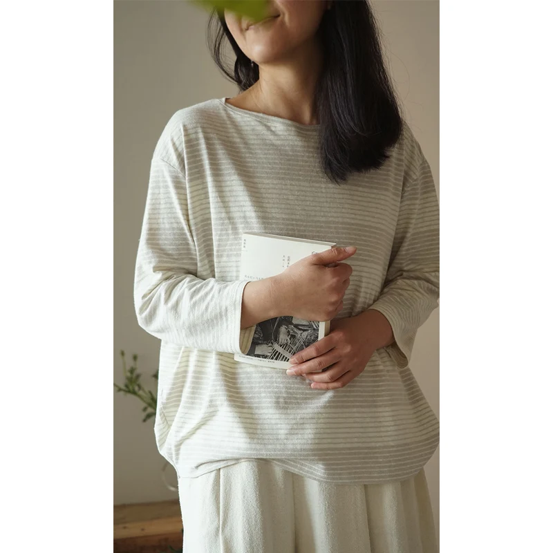 

Органическая хлопково-конопляная полосатая свободная футболка на одно плечо для женщин, с художественным дизайном, удлиненная, летний топ