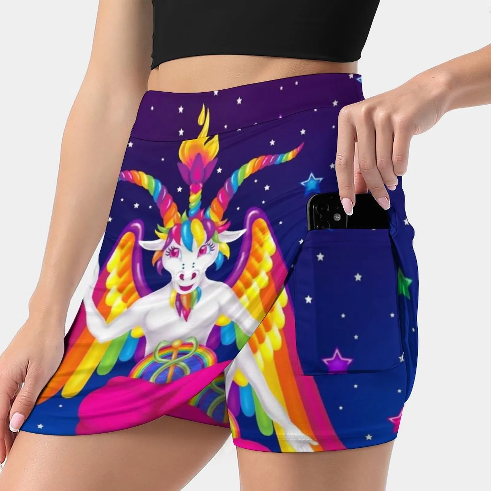 1997 Neon Rainbow Baphomet Women's skirt Mini Skirts A Line Skirt With Hide Pocket 1990S Kawaii Neon Baphomet Horned God Satan