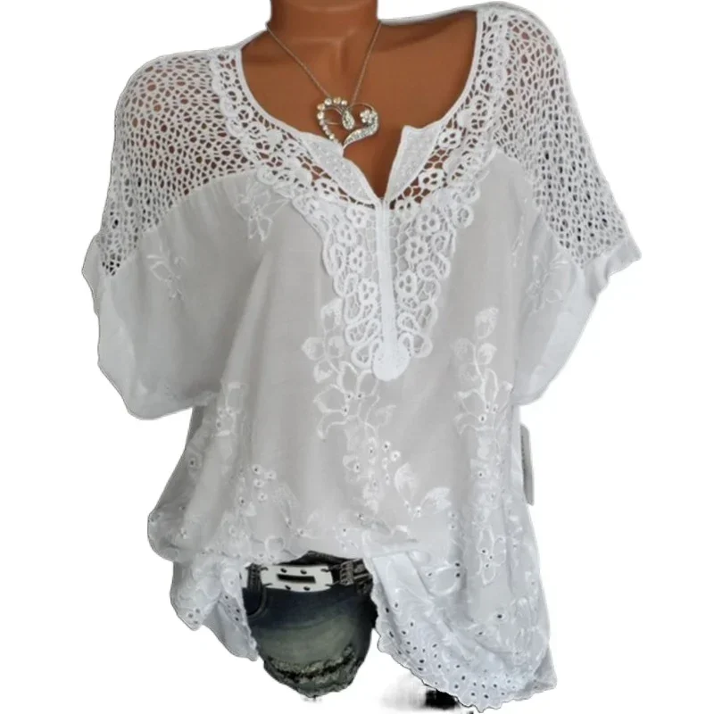 

New Hollow Out Lace Sexy Floral Casual Loose Woman Blouse Summer Short Sleeve Women Shirts Women's Tops Female Clothing 28299