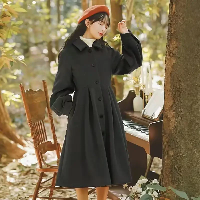 Französisch Vintage Woll mäntel Frauen Herbst Winter neue elegante Plissee Lang mantel weibliche süße Laterne Ärmel Jacken