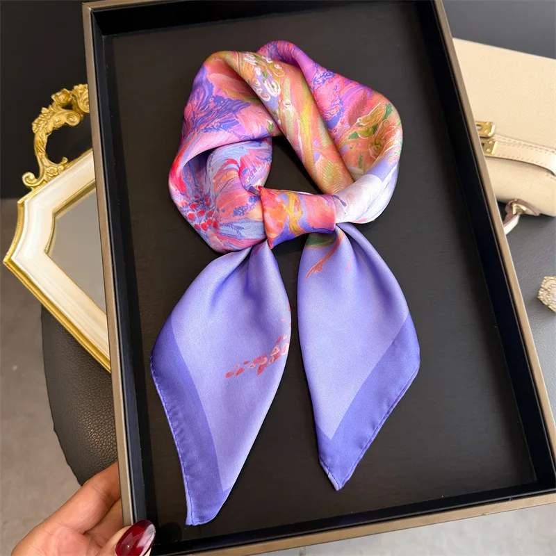

70cm Luxury Square Silk Scarf for Women Silk Feel Flower Print Design Headscarf Fashion Lady Headband Bandana and Bag Tie Ribbon