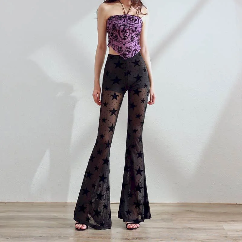 Flare Pants for Women Sexy Black Flocking 2026 Summer Harajuku High-stretch Thin See-through Sexy Body-hugging Fashion Trousers
