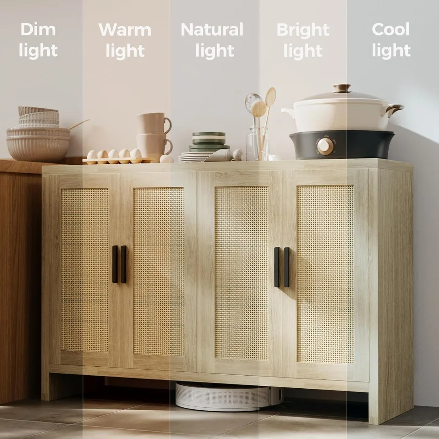 Rattan Buffet Cabinet with Storage Sideboard Featuring Doors for TV Stand Farmhouse Style Coffee Bar Modern Wood Storage Cabine
