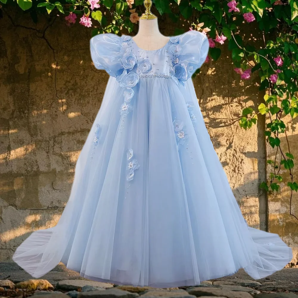 

Elegant Quality Blue Arabic Flower Girl Dress Tulle Puff 3D Applique for Kids Wedding Ball Gowns Kids Birthday Party Dresses