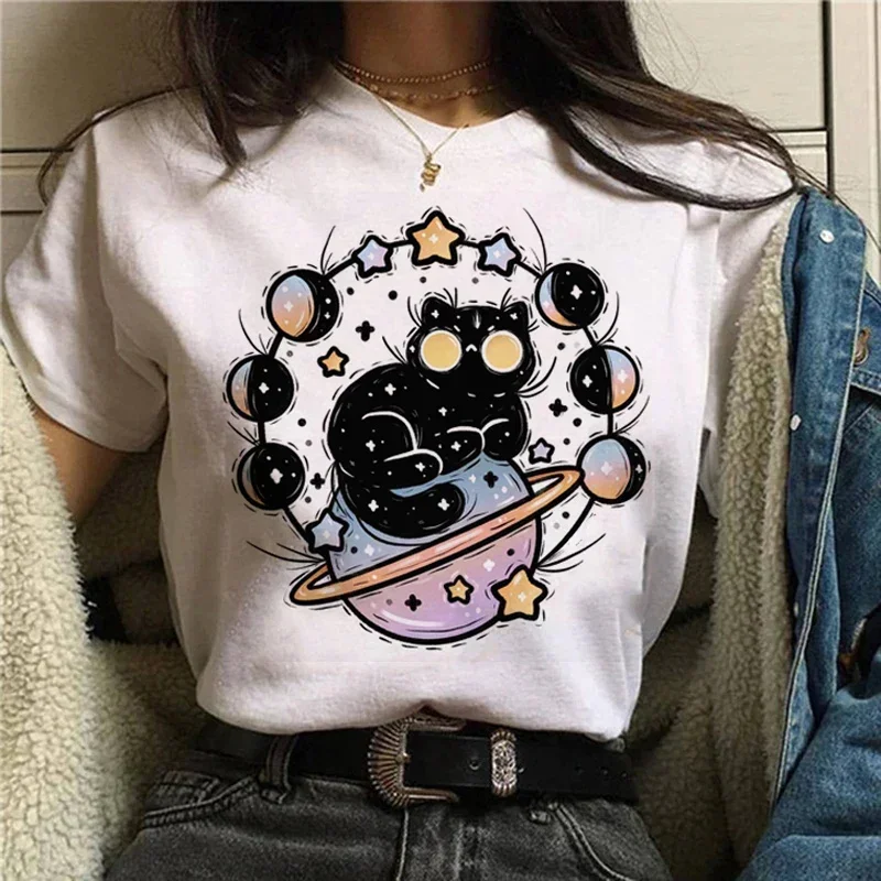 2024 Summer New Cute Cat Ladies Fashion Ladies T-shirt Girls Harajuku Casual White Shirt T-shirt Clothes.