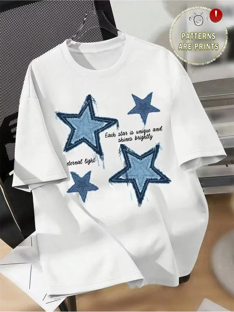 Women's T-shirt Distressed Denim Star Print Graphic T-Shirt Casual Short Sleeve Tee Fashion Harajuku Kawaii Y2K Clothing