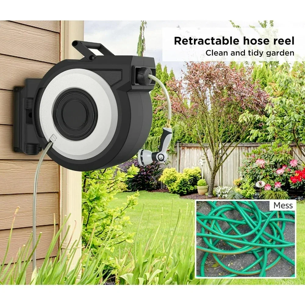 Retractable Garden Hose Reel , Wall Mount Heavy Duty Water Hose Reels with Automatic Slow Rewind System