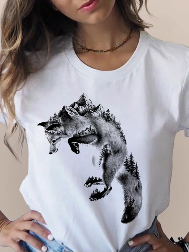 Women T-shirts 2022 Fox Cute Oversized Tshirt Female Short Sleeve Cartoon Print Tees Tshirt Clothes Graphic T-Shirt Ladies Tops