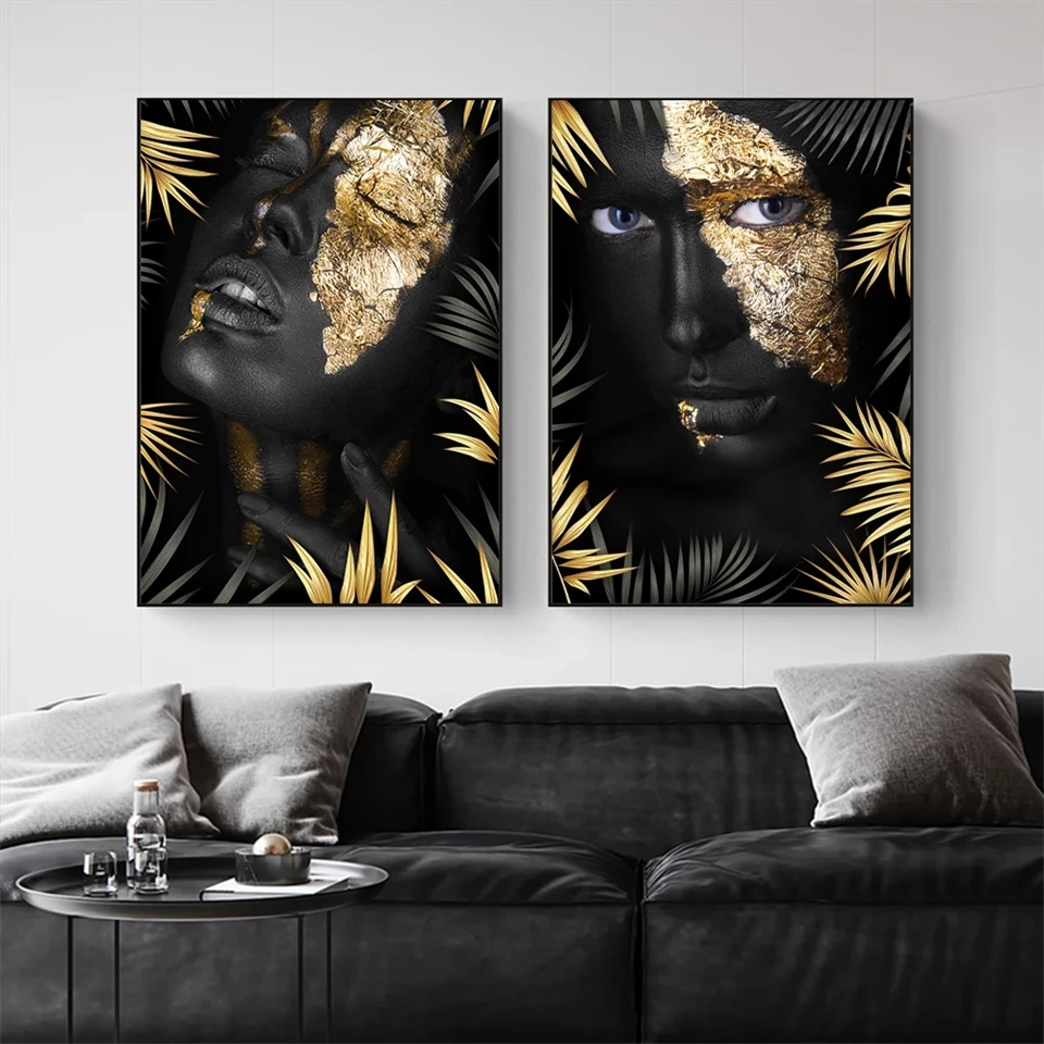 DIY Diamond Painting African Woman Black Gold Leaves 5D AB Drill Mosaic Full Picture Modern Figure Wall Art Home Decor Gift