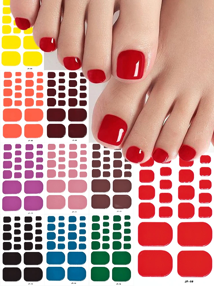 Autocollants pour ongles d'orteils, 22 pointes/paquet, haute brillance, couleur unie, Gel UV, cuisson, Patch pour ongles d'orteils gratuits, bandes de vernis pour les pieds à la mode pour femmes
