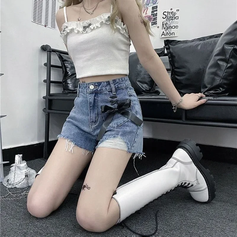 New Fashion 2025 Denim Shorts Women Bow Lace Up Summer High Street Shorts Female Jeans Woman