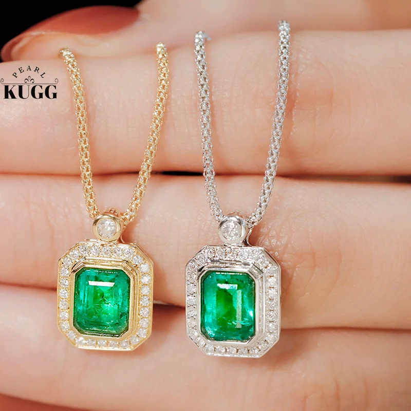 KUGG 18K White or Yellow Gold Necklace Luxury Elegant Style Real Natural Emerald Shiny Diamond Gemstone Necklace for Women