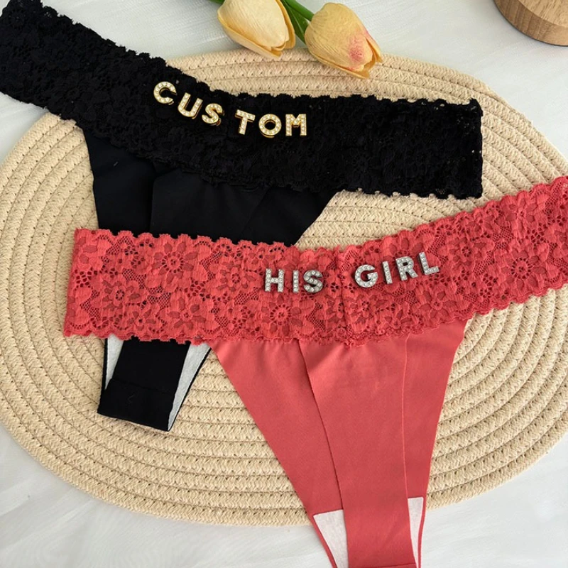 Custom Thong Crystal Letter Name G-string Women Ice Silk Panties Skin Effect Panty Seamless Knickers Girlfriend Anniversary Gift