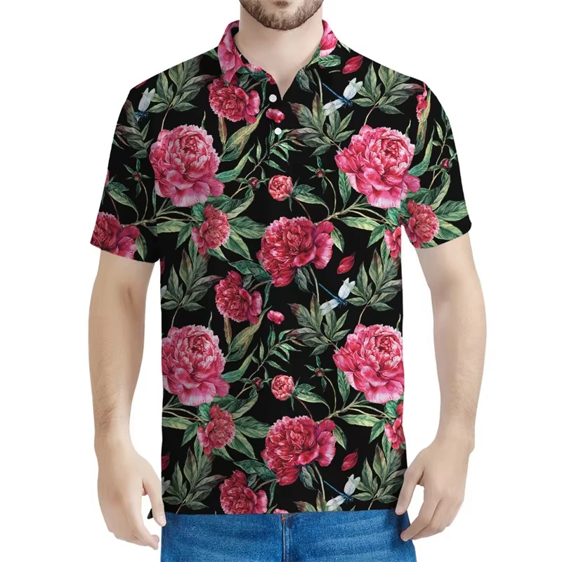 Men Clothing 3d Printed Men Fashion Peony Rose Flower Graphic Polo Shirt Floral Tshirt Casual Button T-Shirt Lapel Short Sleeves