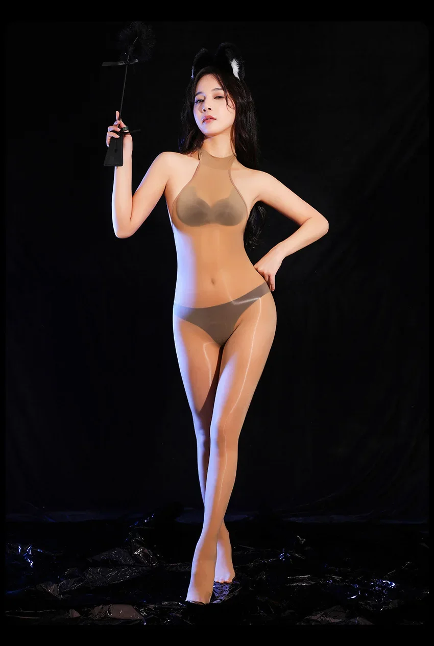 น้ํามันเคลือบเงา 5D บางผู้หญิง Jumpsuit ยืดหยุ่นสูง SHEER ดูผ่านบอดี้สูทแขวนคอเซ็กซี่ Backless Leotard