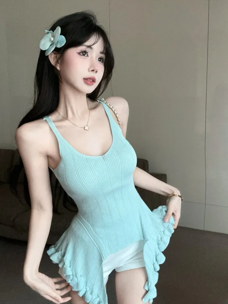 

Sexy Summer New Knitted Ruffle Hem Irregular Design Unique Small Audience Strap Top Women's Fashion Korean Style Slim Fit