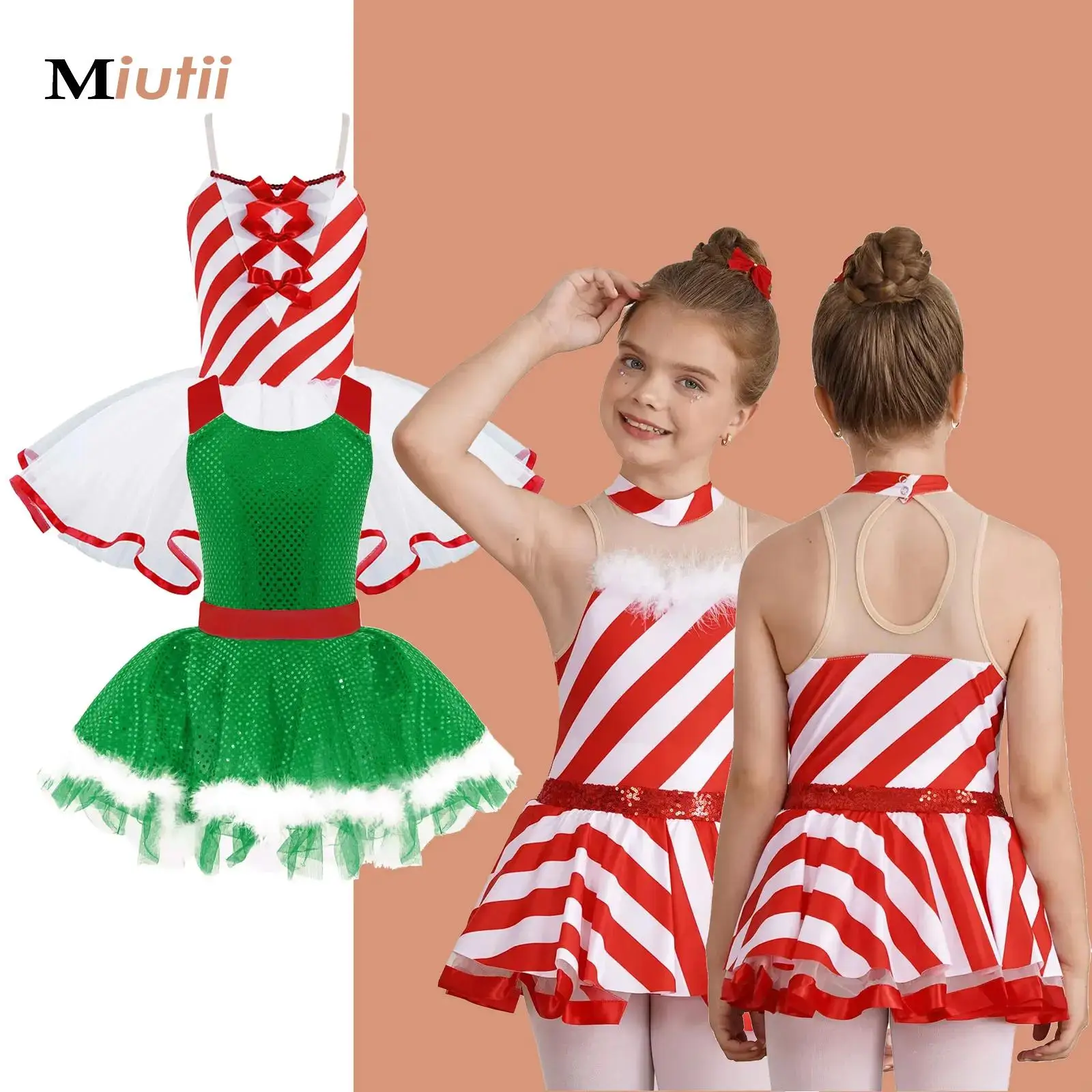 

Big Girl Faux Fur Decor Gymnastics Leotard Figure Skating Dancewear Christmas Santa Claus Party Costumes Ballet Tutu Dance Dress