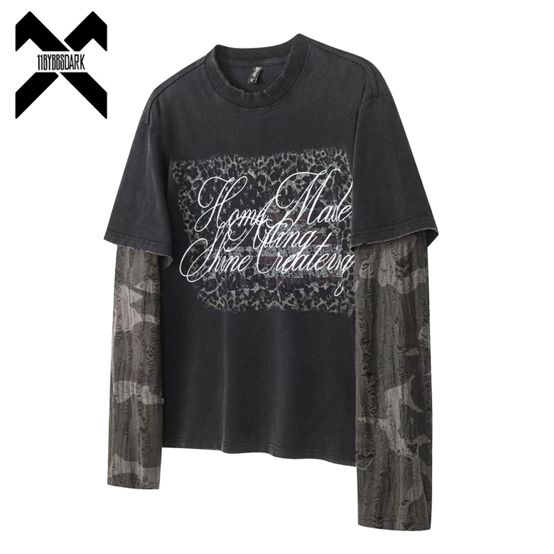Fake Two-Piece Washed Long Sleeve T-Shirt Distressed Destroyed Vintage Tee Streetwear Layered Top Y2K