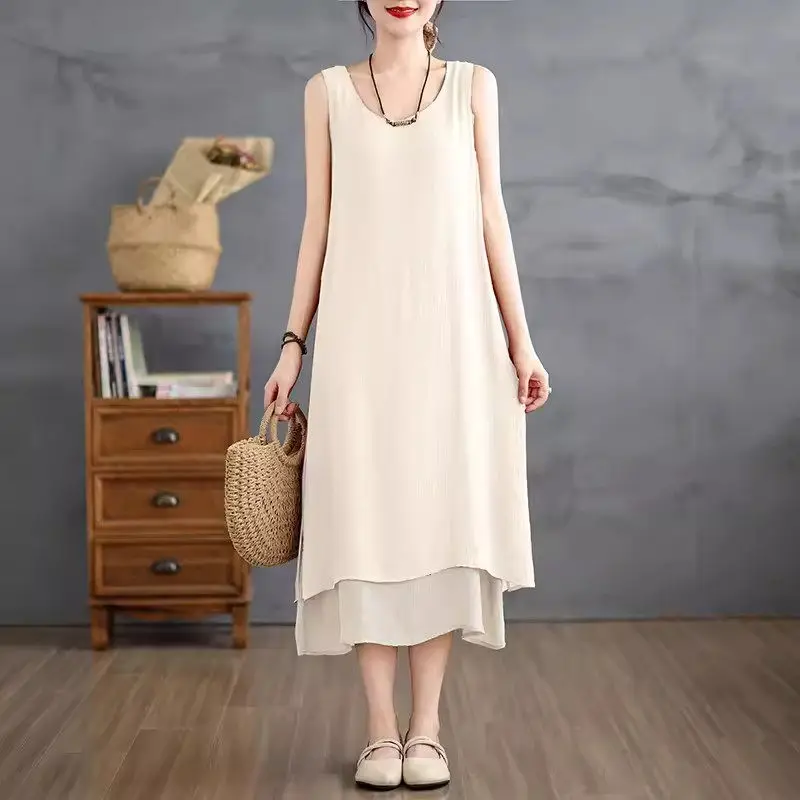 

2024 Summer New Loose Round Neck Art Cotton Linen Dress Women's Sleeveless Colored Double Layer Tank Top Long Dress K1112