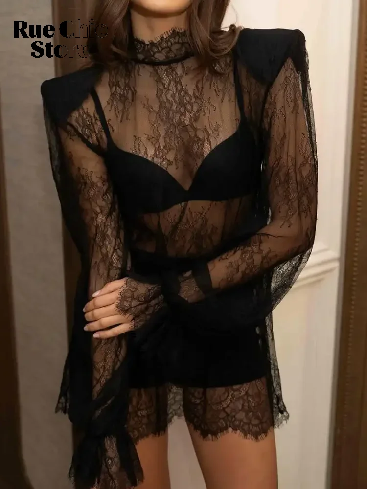 Chic Black Lace See Through Lady Fashion Top Half-high Collar Full Sleeve Cropped Blouse 2026 New Spring Women Party Street Tops image 3