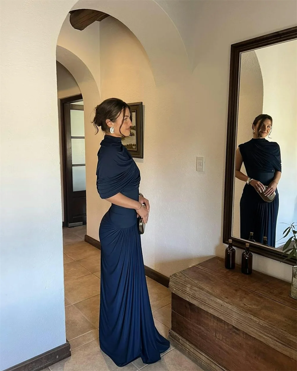 Contessa Custom Navy Blue High Neck Prom Dresses Multilayer Pleats Vestidos De Noche Elegant Floor Length Formal Evening 2026
