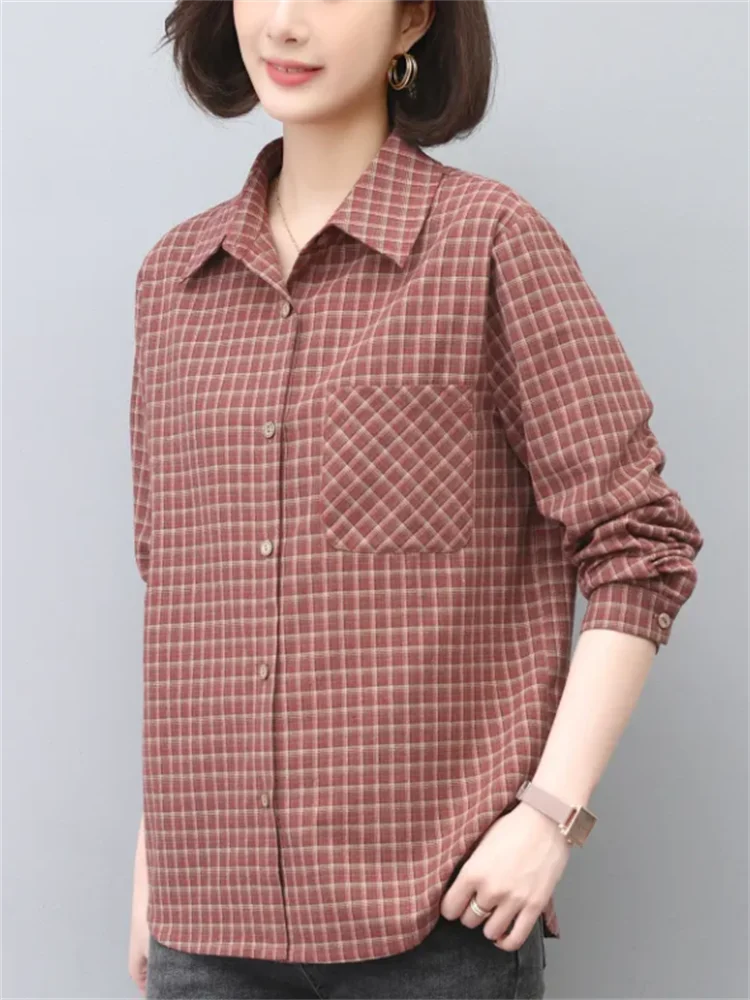 Damska koszula w kratę z czystej bawełny, luźna koszula damska na jesień zapinana na guziki, koszula damska, codzienna bluzka damska, topy