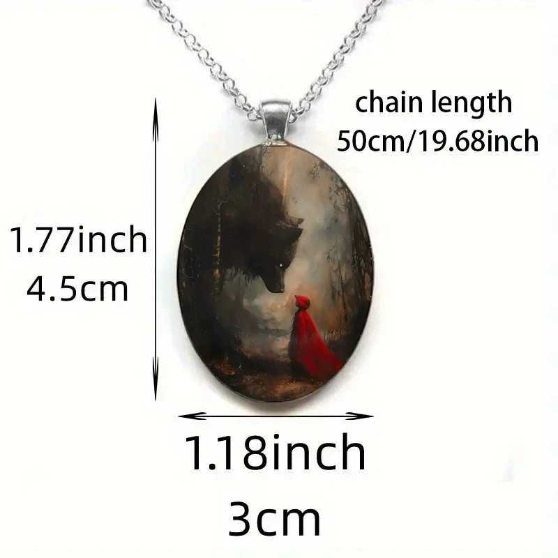 قلادة ركوب الخيل الحمراء الصغيرة الإبداعية الرجعية وقلادة من سبائك الزجاج على شكل بيضاوي من Big Bad Wolf