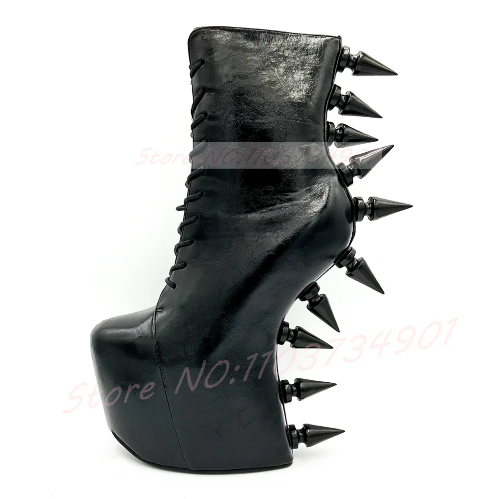 Große schwarze Stiefel ohne Absatz mit Spikes für Damen, versteckte Plateau-Sohle, runde Zehenkappe, seitlicher Reißverschluss, Gothic-Punk-Stiefeletten mit Nieten, High Heels Schuhe
