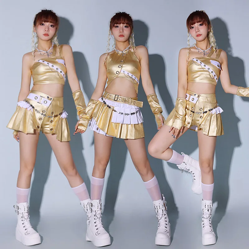 

Girl Group Hip-hop Performance Clothing K-pop Stage Outfits Jazz Dance Clothes Team Cheerleading Party Rave Set Golden XH2743