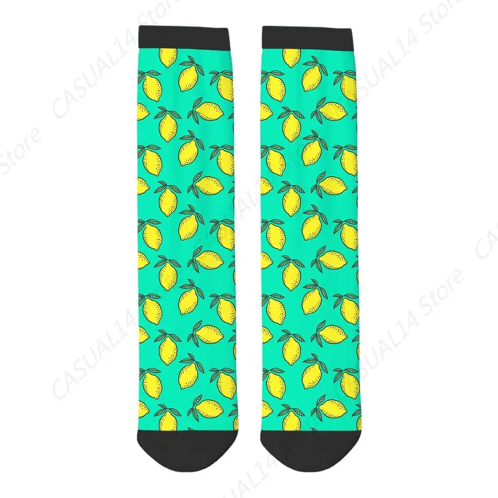 Lemons and Green Leaves Funny Socks Bright Yellow Citrus Fresh Fruit Cute Lemon Casual Crew Socks Contrast Color Design