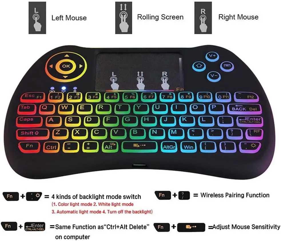 Mini Keyboard, 2.4GHz Mini Wireless keyboard with Touchpad, LED Backlit, Rechargable Li-ion Battery for Smart TV,PC,Windows