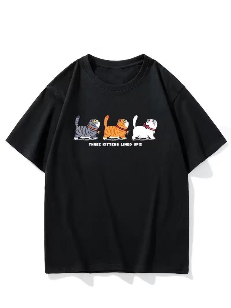 Men's Summer Short Sleeve T-Shirt, Regular Fit Casual Crew Neck Tee With Fun Cartoon Cat And Kittens In Basket White Graphic