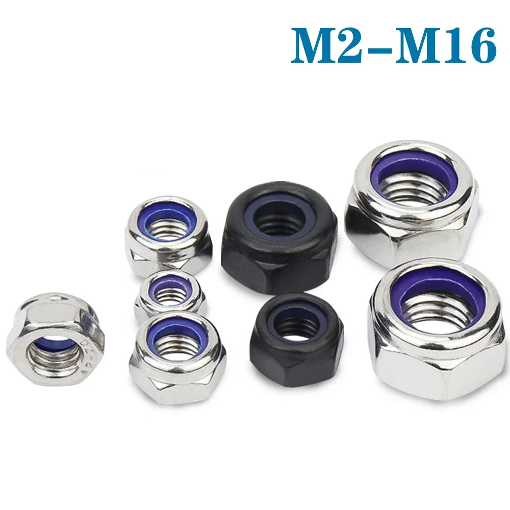 2-25Pcs M2 M2.5 M3 M3.5 M4 M5 M6 M8 M10 M12 M14 M16 304 Stainless Steel Black Hex Nylon Insert Lock Nut Self-locking Locknut Nut