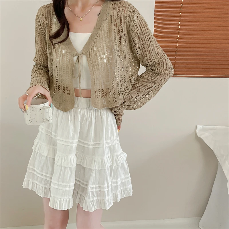 Summer Women Thin Sunscreen Cardigan Lace-up Knitwear Tops Female Korean Style Hollow Out Short Sleeve Short Coat