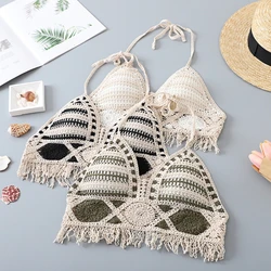 Summer Knit Backless Short Crop Top Women Sexy Hollow Out Crochet Tassels Hem Halter Bra Bustier Chest Pads Dropshipping