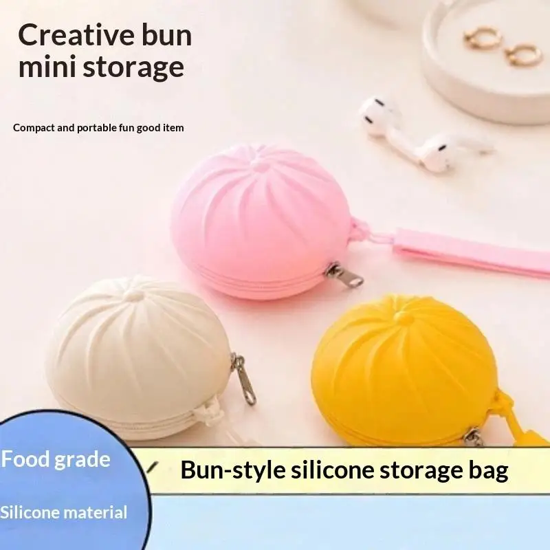 Cute Steamed Bun Shape Plush Coin Purse With Keychain Polyester Mini Wallet For Women Gift