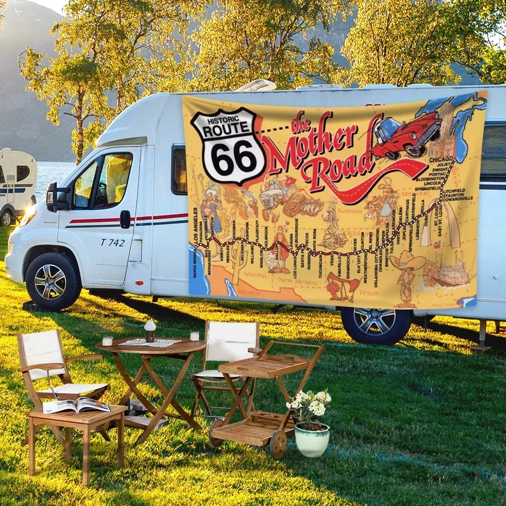 

Vintage Route 66 Poster Tapestries Retro Printed Home Decoration Wall Hanging Carpets Camping Hanging Cloth Travel Mat