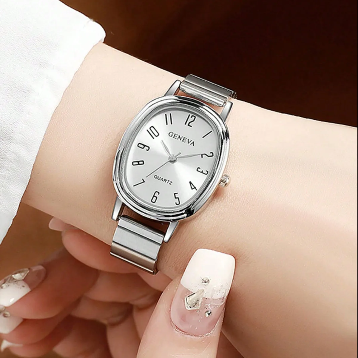 

6pcs/Set-Fashion Trendy Steel Strap Bamboo Knot Watch Shining Square Dial Ring Necklace Set - Retro Style